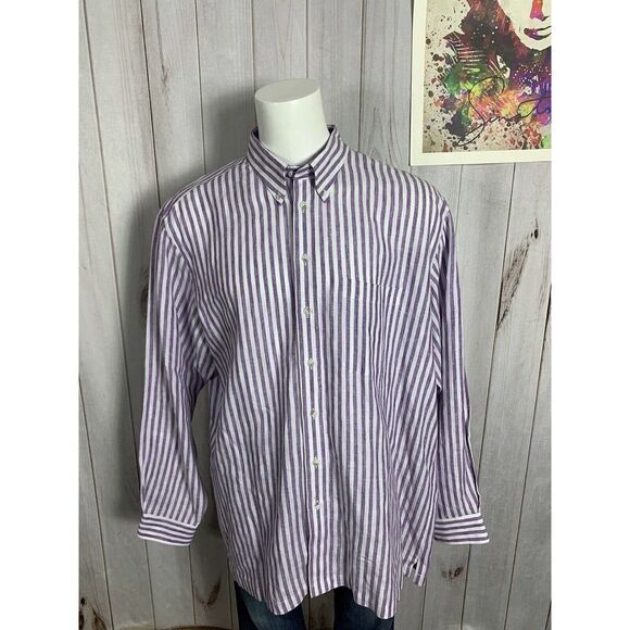 Paul Fredrick Mens Linen Purple Striped Button Down Dress Shirt XXLT - NWOT - Picture 1 of 14